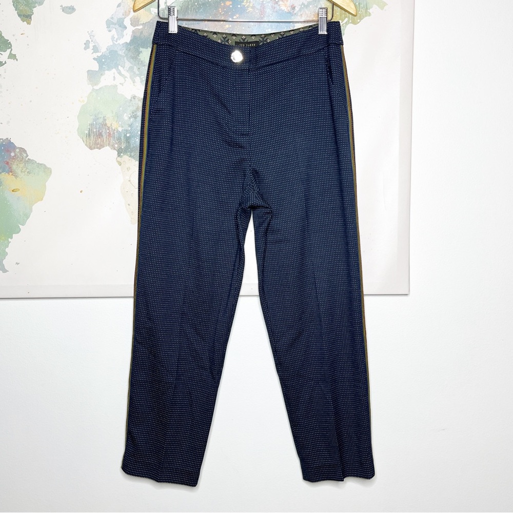 Ted Baker Pants Size 2 Betrist Cropped Navy Blue Dot Print Ribbon Trim Trousers